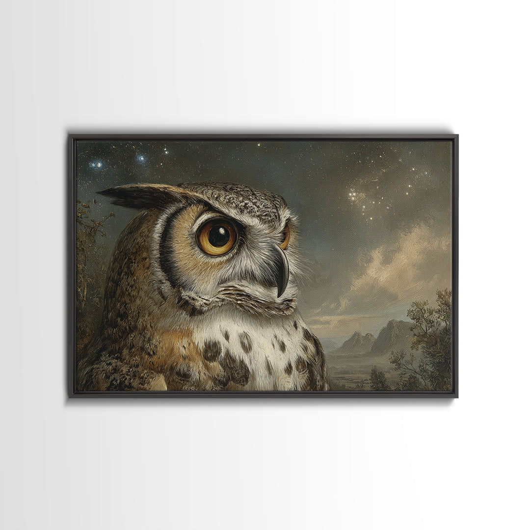 Owl Wearing Spectacles Among Stars Framed Canvas Print, Whimsical Art, Nursery, Living Room Decor, Wonder, Watercolor Art, WHI-3x2-10