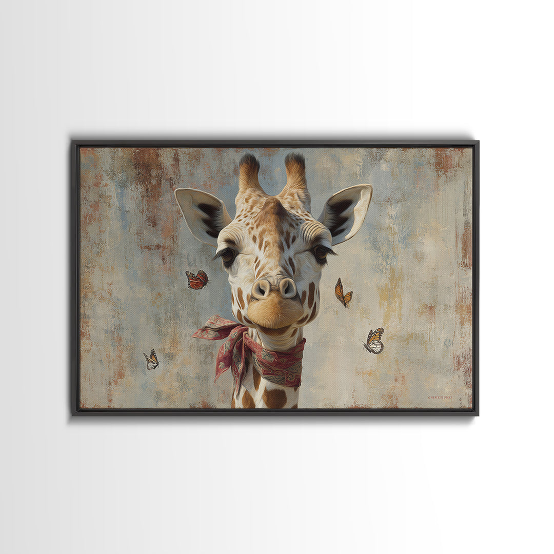 Giraffe with Scarf and Butterflies Framed Canvas Print, Whimsical Art, Framed Wall Art, Living Room Decor, Fine Art, Wonder, WHI-3x2-14
