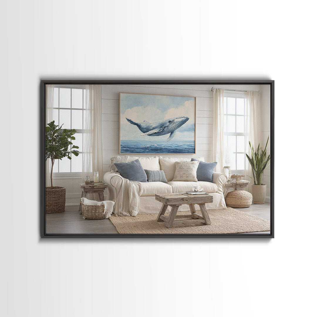 Whale Flying Through Clouds Like Ocean Canvas Print, Whimsical Art, Nursery Wall Decor, Living Room Decor, Fine Art, Wonder, WHI-3x2-17
