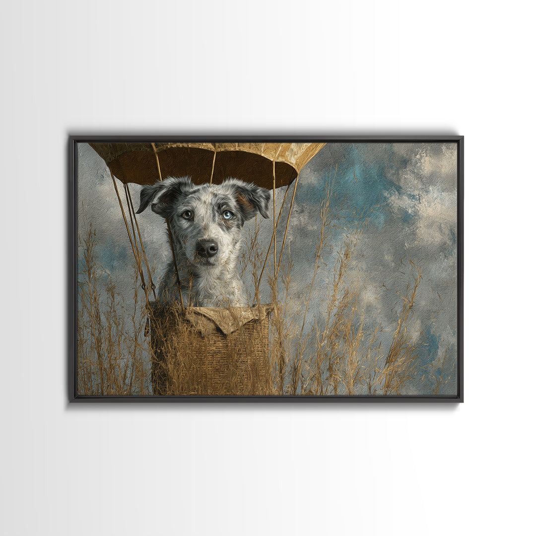 Dog in a Hot Air Balloon Framed Canvas Print, Whimsical Art, Digital Print, Living Room Decor, Fine Art, Wonder, Bird Art, WHI-3x2-18