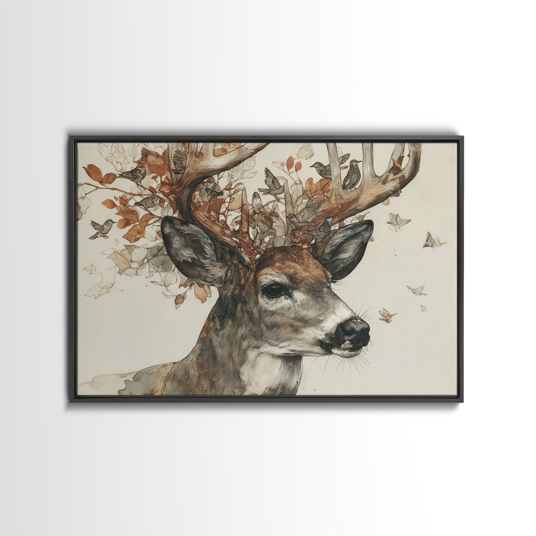 Deer with Antlers Full of Birds Framed Canvas Print, Whimsical Art, Nursery Art, Living Room Decor, Fine Art, Wonder, WHI-3x2-23