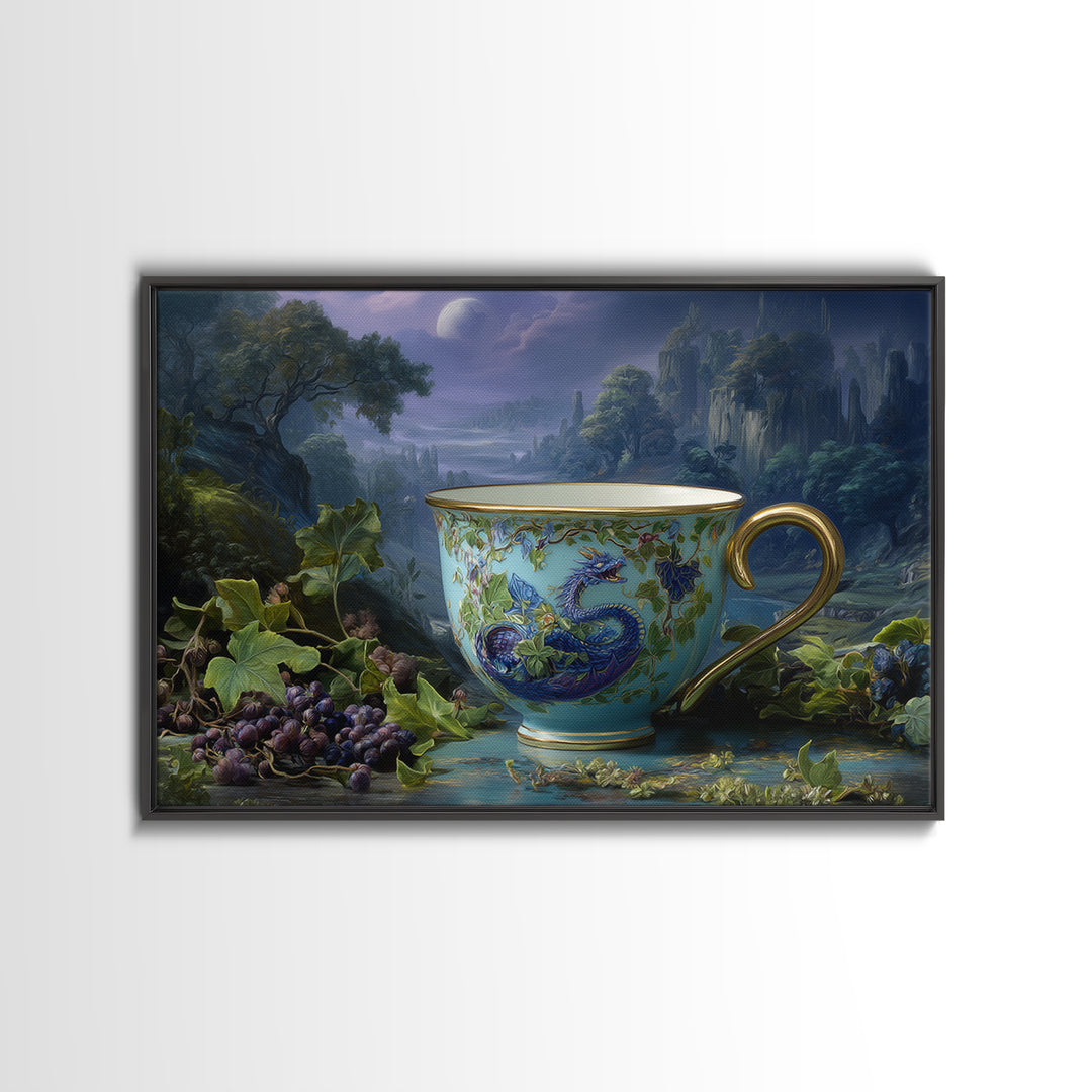 Dragon Curled Around a Teacup Framed Canvas Print, Whimsical Art, Dark Academia Decor, Living Room Decor, Fine Art, Wonder, WHI-3x2-28