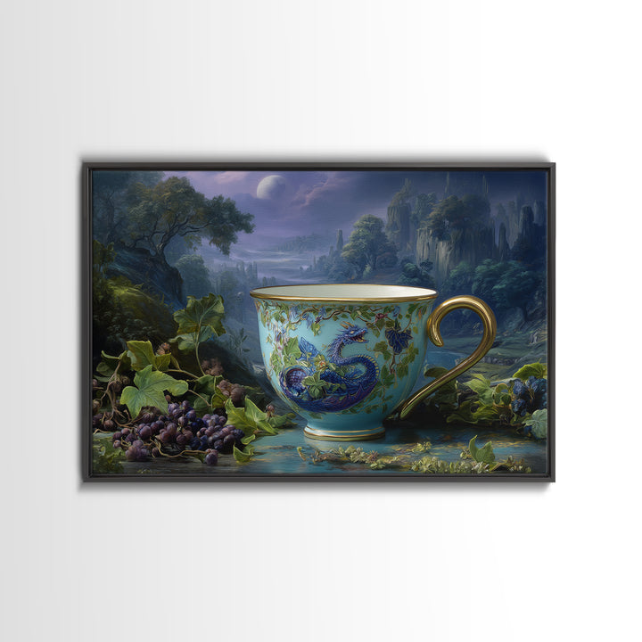 Dragon Curled Around a Teacup Framed Canvas Print, Whimsical Art, Dark Academia Decor, Living Room Decor, Fine Art, Wonder, WHI-3x2-28