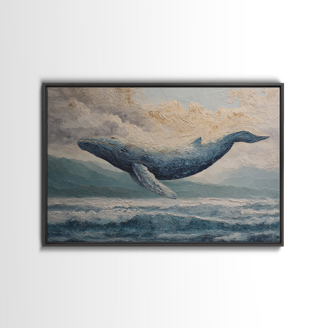 Whale Flying Through Clouds Like Ocean Framed Canvas Print, Whimsical Art, Watercolor Art, Living Room Decor, Wonder, WHI-3x2-41