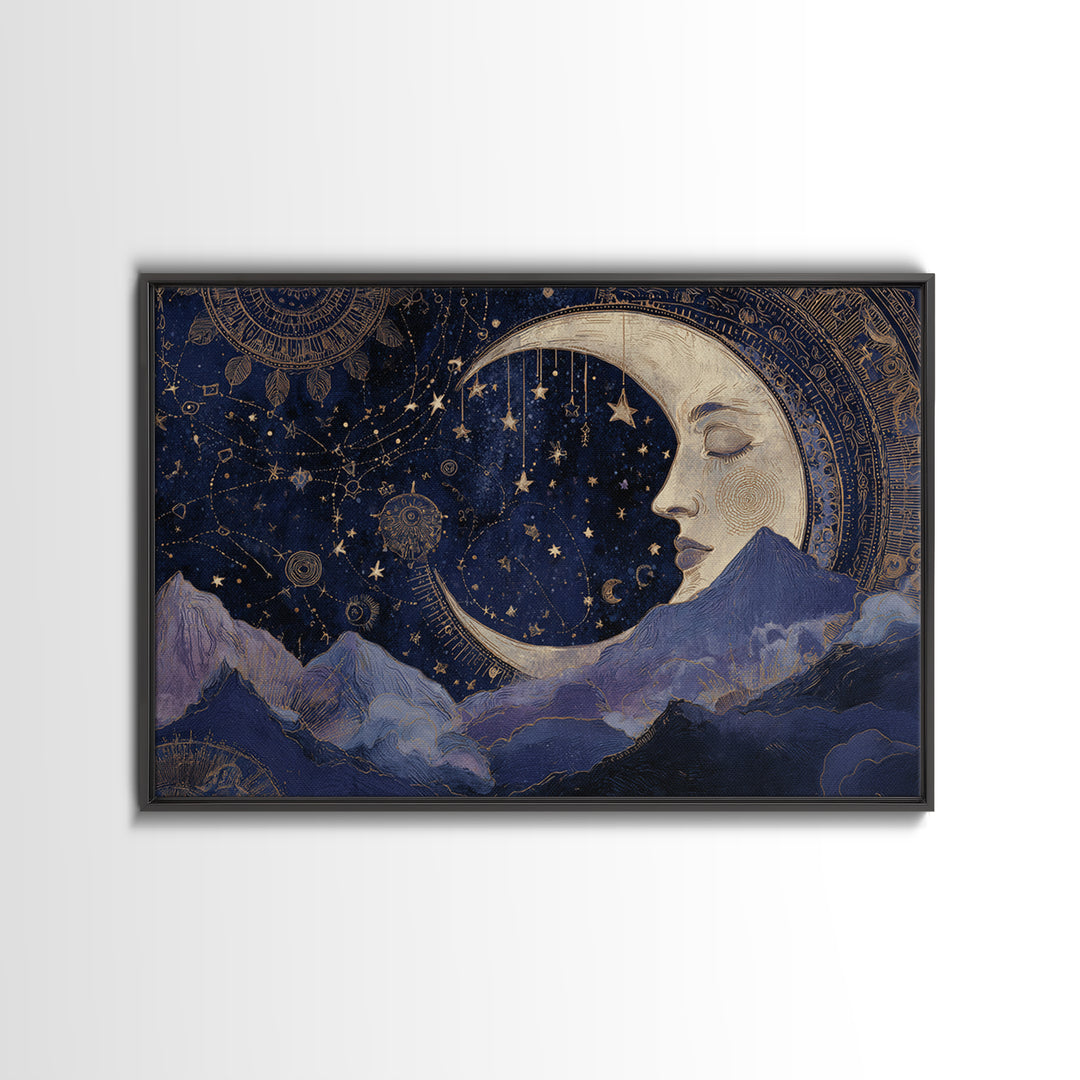 Moon with Sleeping Face and Dangling Stars Canvas Print, Whimsical Art, Watercolor Art, Living Room Decor, Fine Art, Wonder, WHI-3x2-44