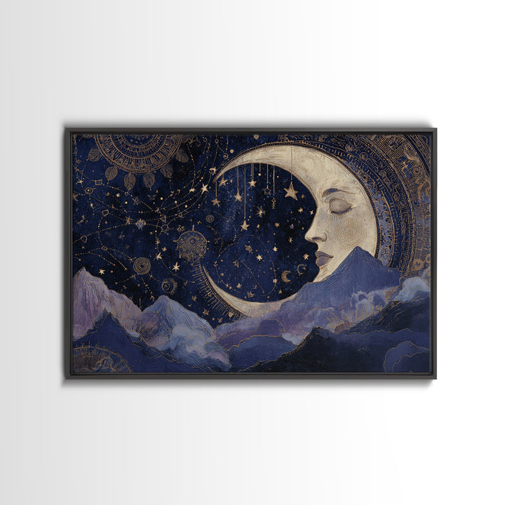 Moon with Sleeping Face and Dangling Stars Canvas Print, Whimsical Art, Watercolor Art, Living Room Decor, Fine Art, Wonder, WHI-3x2-44