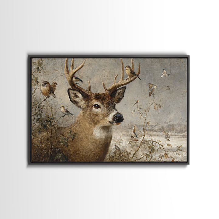 Deer with Antlers Full of Birds Framed Canvas Print, Whimsical Art, Printable Wall Art, Living Room Decor, Oil Painting, Wonder, WHI-3x2-47