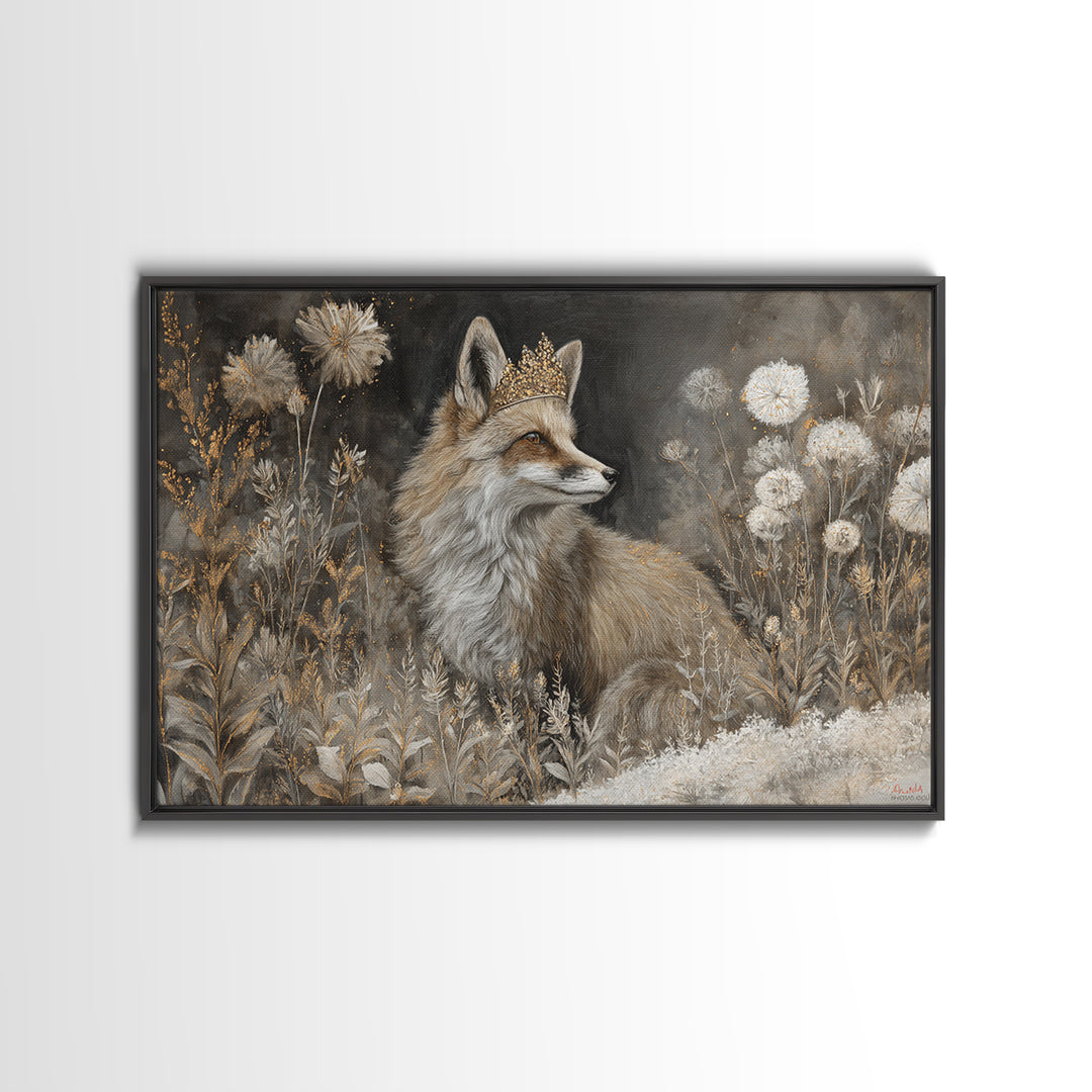 Fox Wearing a Tiny Crown Framed Canvas Print, Whimsical Art, Nursery Art, Living Room Decor, Oil Painting, Wonder, WHI-3x2-5