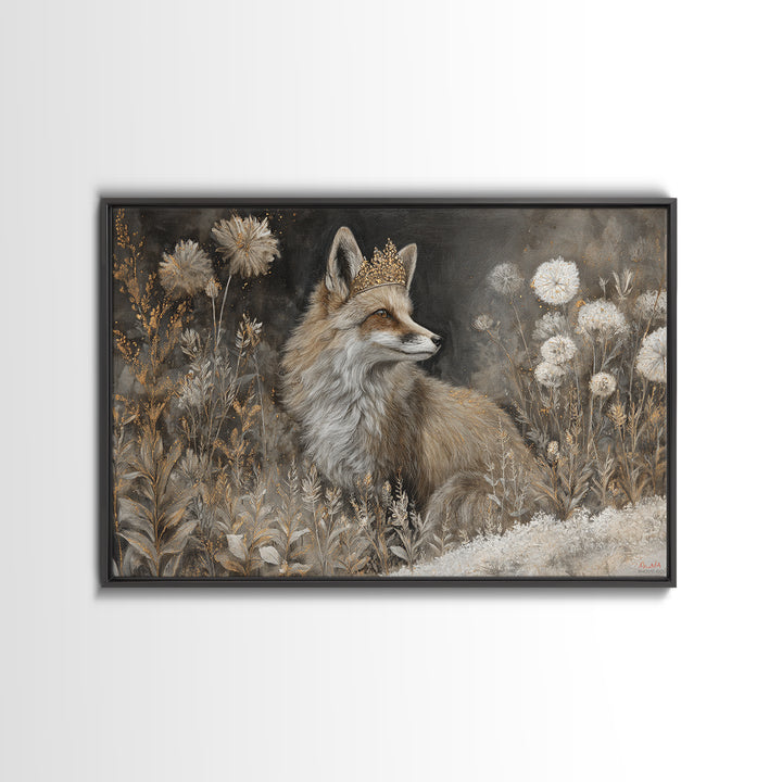 Fox Wearing a Tiny Crown Framed Canvas Print, Whimsical Art, Nursery Art, Living Room Decor, Oil Painting, Wonder, WHI-3x2-5