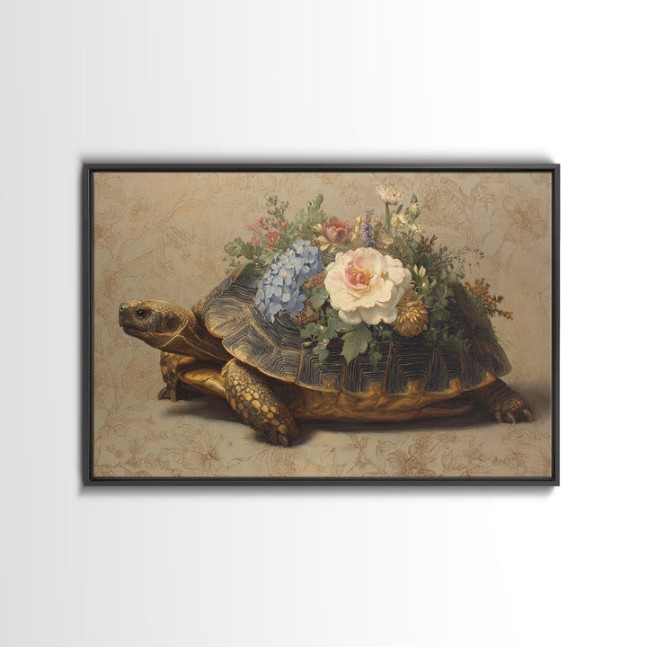 Turtle with Garden Growing on Shell Framed Canvas Print, Whimsical Art, Dopamine Decor, Living Room Decor, Fine Art, Wonder, WHI-3x2-50