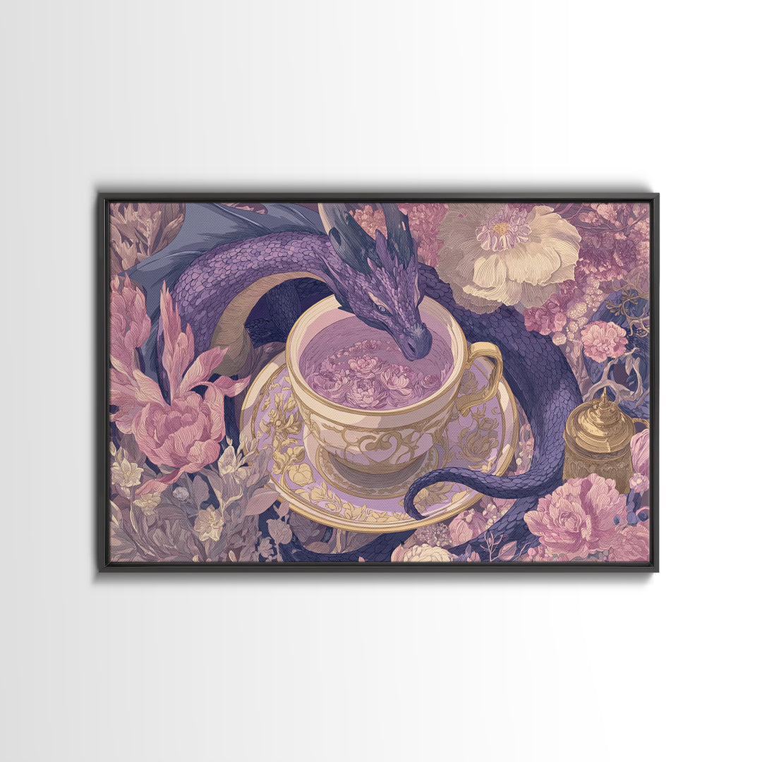 Dragon Curled Around a Teacup Canvas Print, Whimsical Art, Bird Art, Living Room Decor, Abstract Art, Wonder, Textured Painting, WHI-3x2-52
