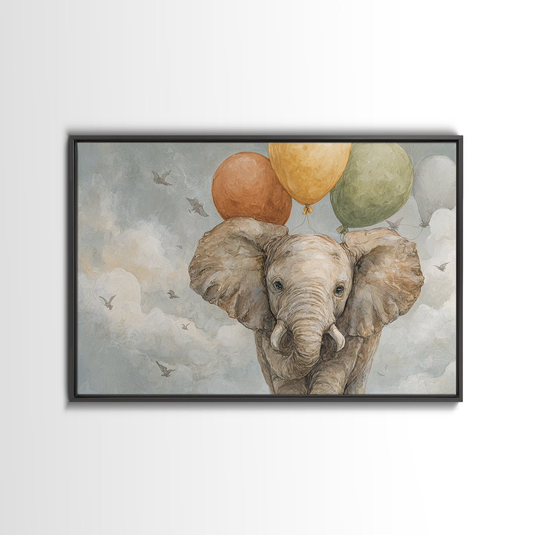 Elephant Holding Balloons Framed Canvas Print, Whimsical Art, Whimsical, Living Room Decor, Oil Painting, Wonder, Nursery Art, WHI-3x2-55