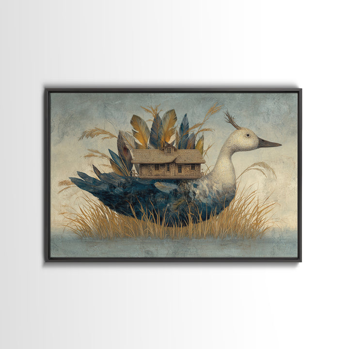 Floating House Carried by Colorful Birds Framed Canvas Print, Whimsical Art, Living Room Decor, Oil Painting, Wonder, WHI-3x2-59