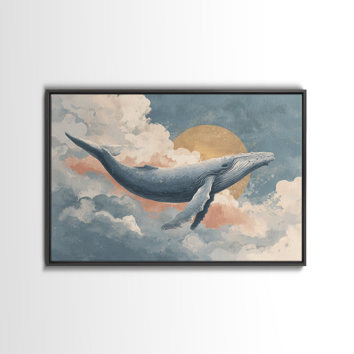 Whale Flying Through Clouds Like Ocean Framed Canvas Print, Whimsical Art, Watercolor Art, Living Room Decor, Wonder, WHI-3x2-65