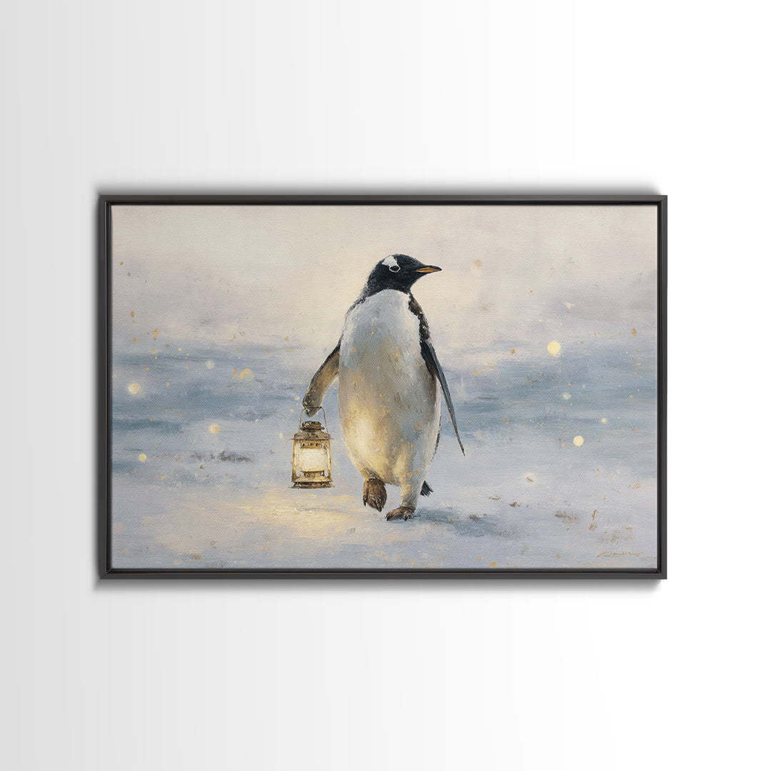 Penguin Holding a Lantern Framed Canvas Print, Whimsical Art, Gallery Decor, Living Room Decor, Fine Art, Wonder, Wall Art, WHI-3x2-69