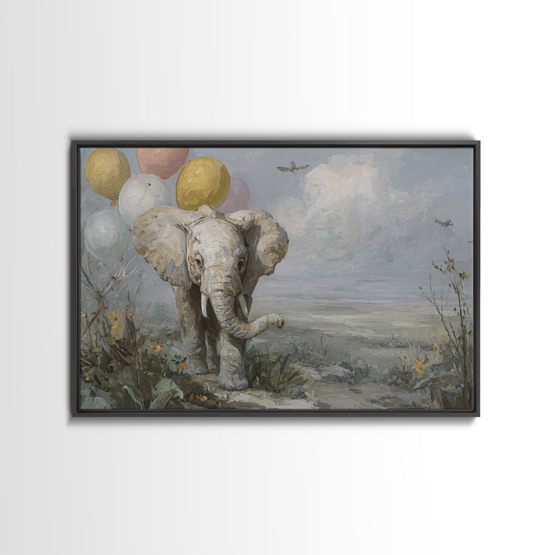 Elephant Holding Balloons Framed Canvas Print, Whimsical Art, Art Nouveau, Living Room Decor, Abstract Art, Wonder, WHI-3x2-7