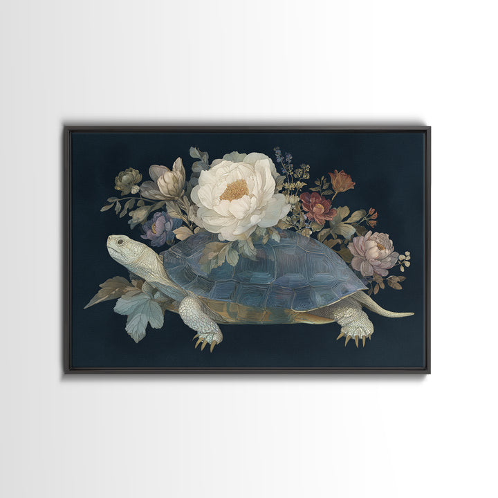 Turtle with Garden Growing on Shell Framed Canvas Print, Whimsical Art, Dopamine Decor, Living Room Decor, Fine Art, Wonder, WHI-3x2-74