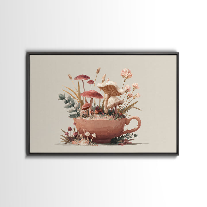 Teacup Garden with Tiny Mushrooms Framed Canvas Print, Whimsical Art, Dopamine Decor, Living Room Decor, Fine Art, Wonder, WHI-3x2-8