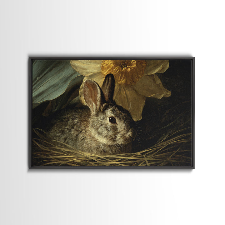 Rabbit Reading Beneath a Giant Flower Framed Canvas Print, Whimsical Art, Fine Art Print, Living Room Decor, Watercolor Art, WHI-3x2-81