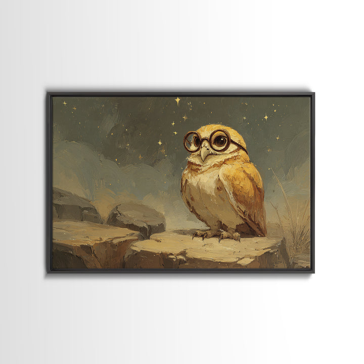 Owl Wearing Spectacles Among Stars Framed Canvas Print, Whimsical Art, Nursery Prints, Living Room Decor, Oil Painting, Wonder, WHI-3x2-82