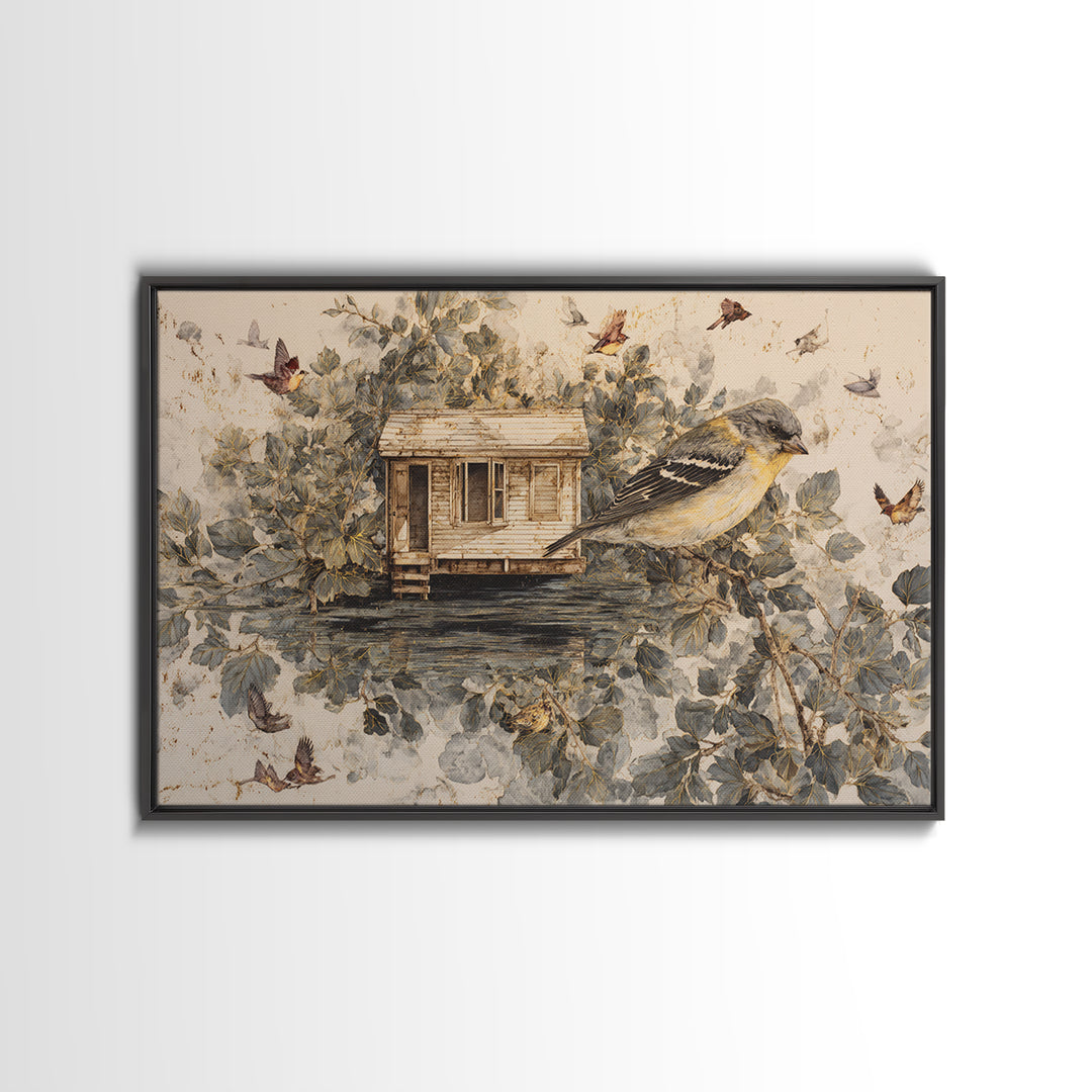 Floating House Carried by Colorful Birds Canvas Print, Whimsical Art, Framed Wall Art, Living Room Decor, Fine Art, Wonder, WHI-3x2-83