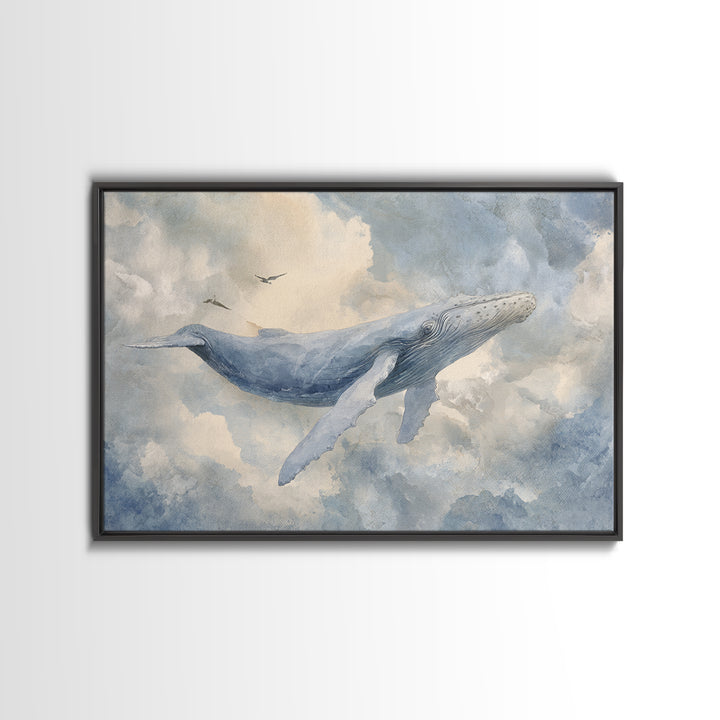 Whale Flying Through Clouds Like Ocean Canvas Print, Whimsical Art, Boho Decor, Living Room Decor, Wonder, Digital Art, WHI-3x2-89