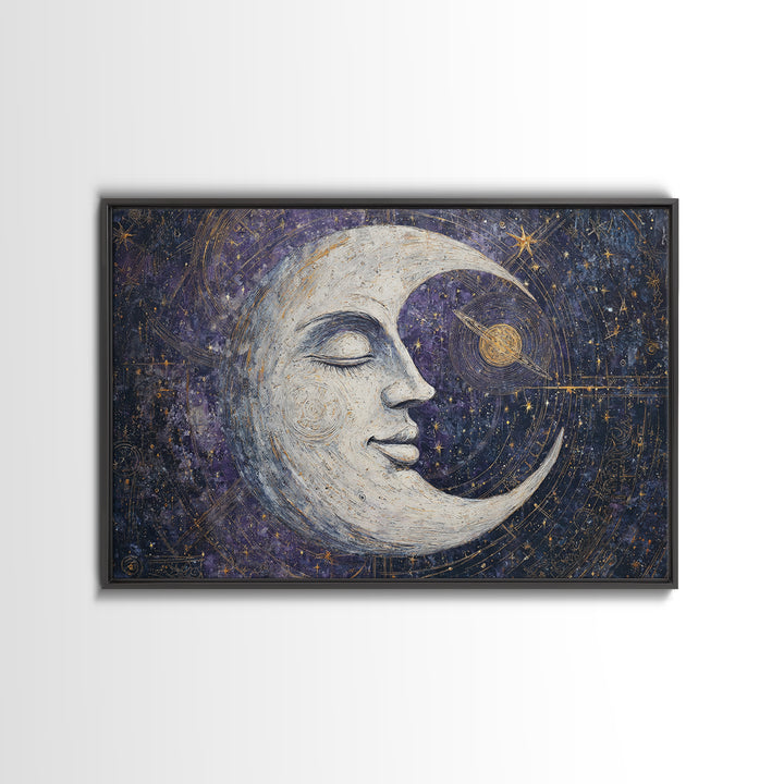 Moon with Sleeping Face and Dangling Stars Framed Canvas Print, Whimsical Art, Art Print, Living Room Decor, Fine Art, Wonder, WHI-3x2-92