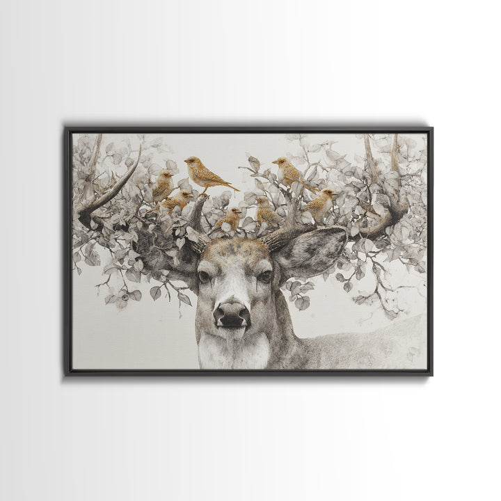 Deer with Antlers Full of Birds Framed Canvas Print, Whimsical Art, Original Art, Living Room Decor, Fine Art, Wonder, WHI-3x2-95
