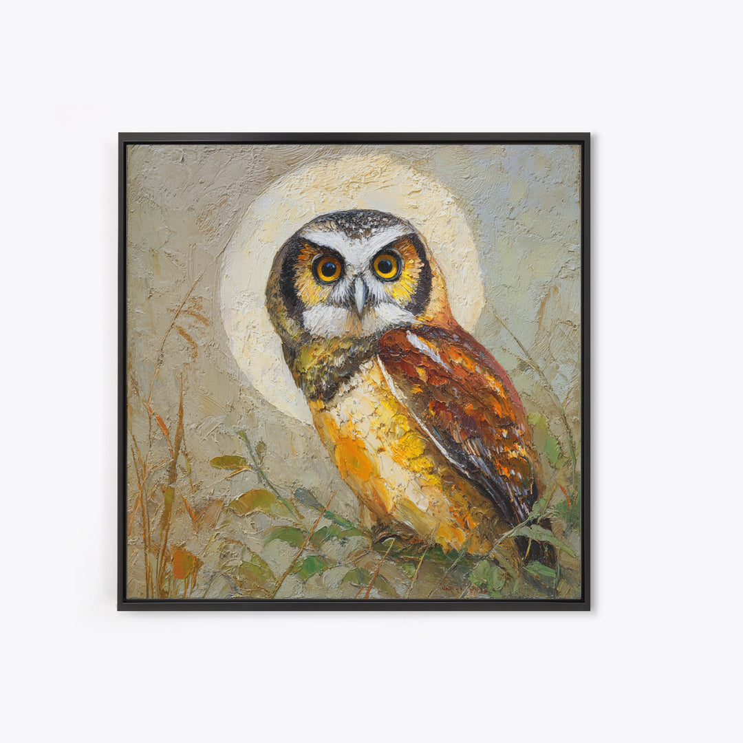 Owl Perched in Moonlit Woodland Framed Canvas Print, Wildlife Art, Wall Decor, Living Room Decor, Wild, Living Room Wall Art, WIL-1x1-12