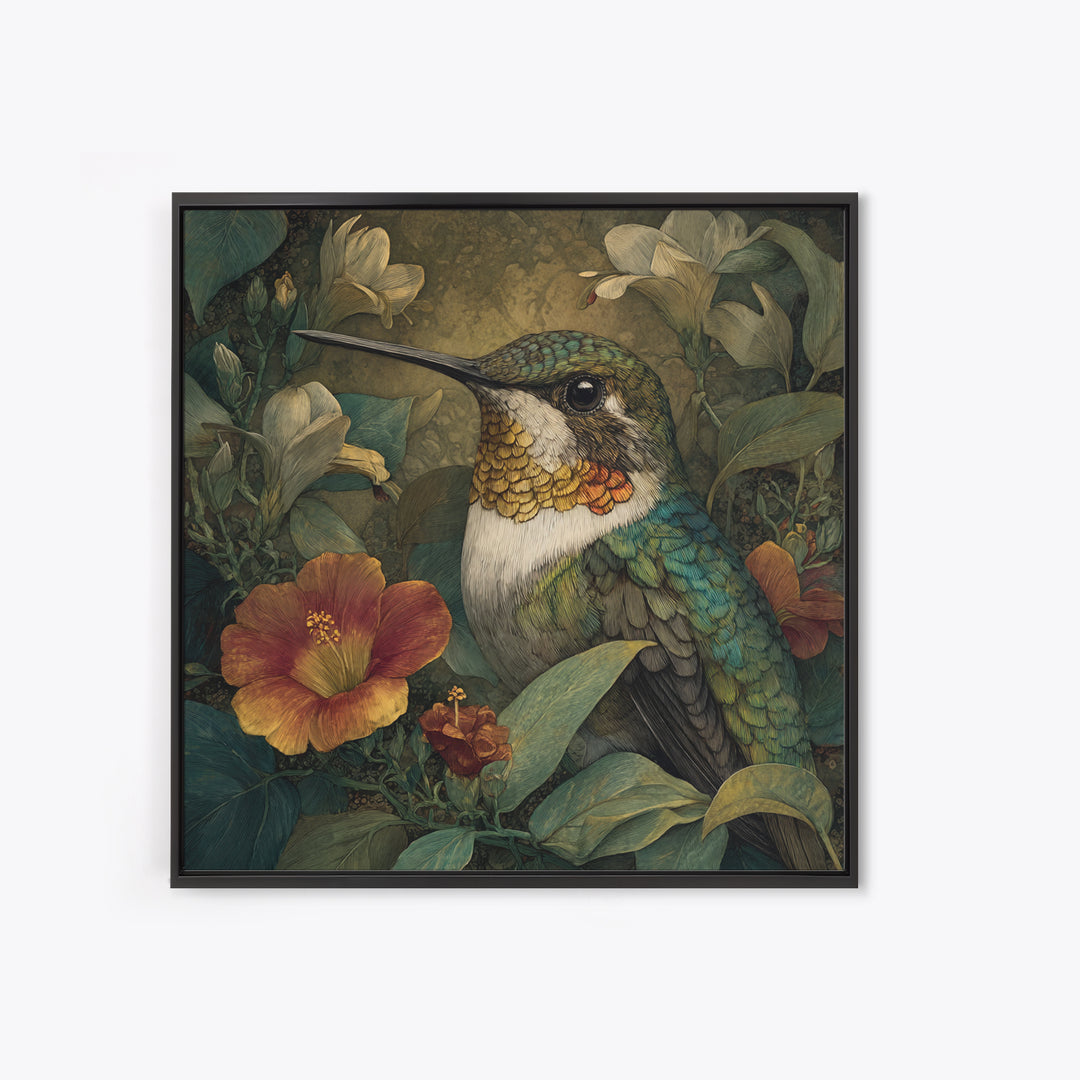 Hummingbird Beside Bright Flowers Framed Canvas Print, Wildlife Art, Canvas Print, Living Room Decor, Fine Art, Wild, WIL-1x1-16