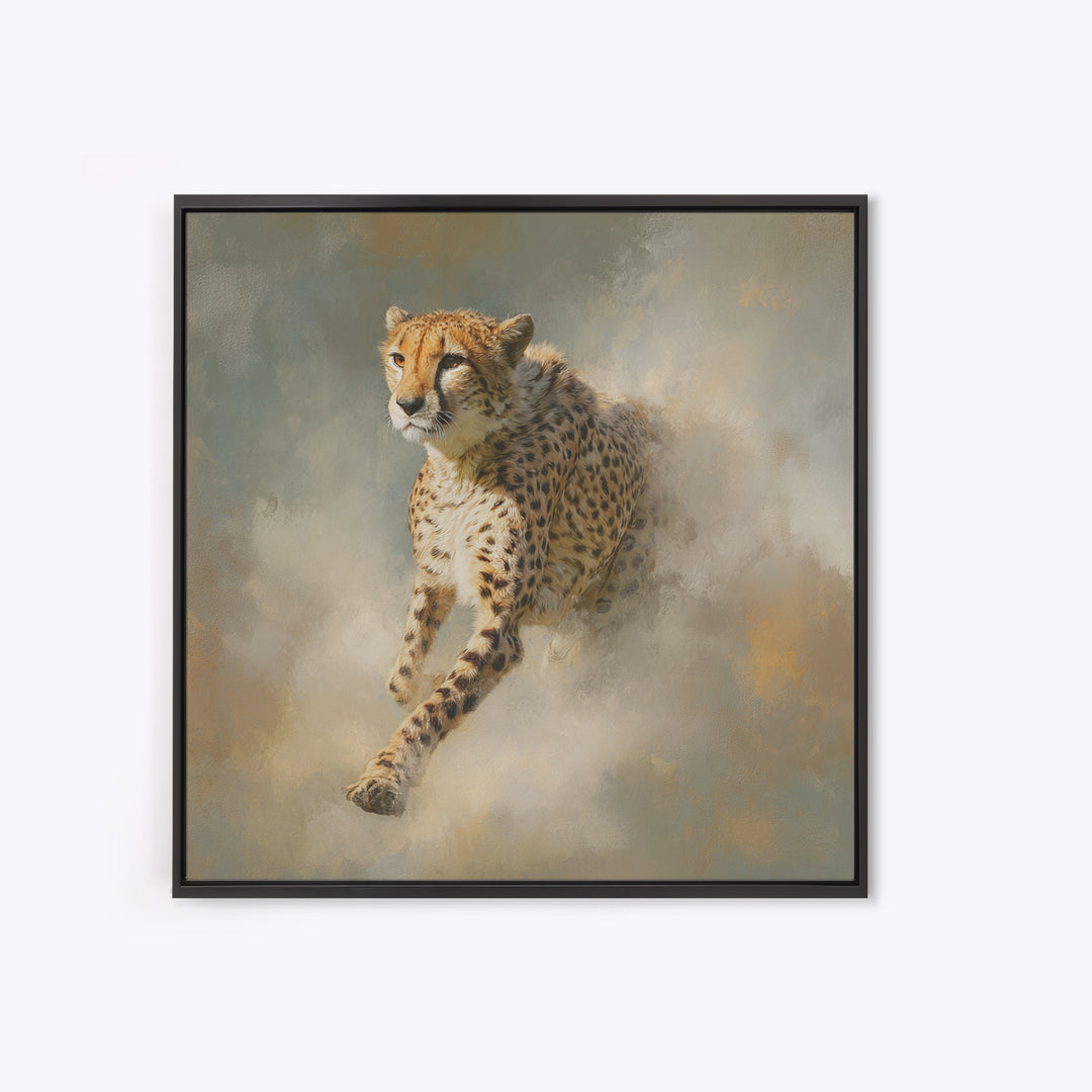 Cheetah Running Through Warm Dust Framed Canvas Print, Wildlife Art, Nature Wall Art, Living Room Decor, Fine Art, Wild, WIL-1x1-21