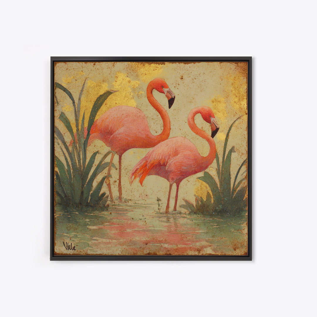 Flamingos in Pink Shallow Water Canvas Print, Wildlife Art, Bird Art, Living Room Decor, Oil Painting, Wild, Original Artwork, WIL-1x1-22