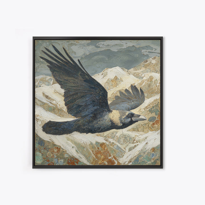 Raven Flying Through Snowy Mountains Framed Canvas Print, Wildlife Art, Living Room Art, Living Room Decor, Fine Art, Wild, WIL-1x1-24