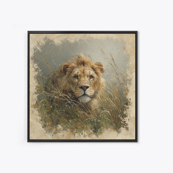 Lion Emerging from Golden Savanna Grass Canvas Print, Wildlife Art, Modern Decor, Living Room Decor, Fine Art, Wild, Home Decor, WIL-1x1-25
