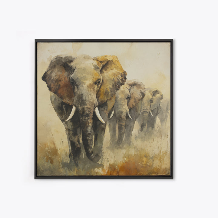 Elephant Herd Walking Through Dusty Sunset Canvas Print, Wildlife Art, Canvas Painting, Living Room Decor, Fine Art, Wild, WIL-1x1-26