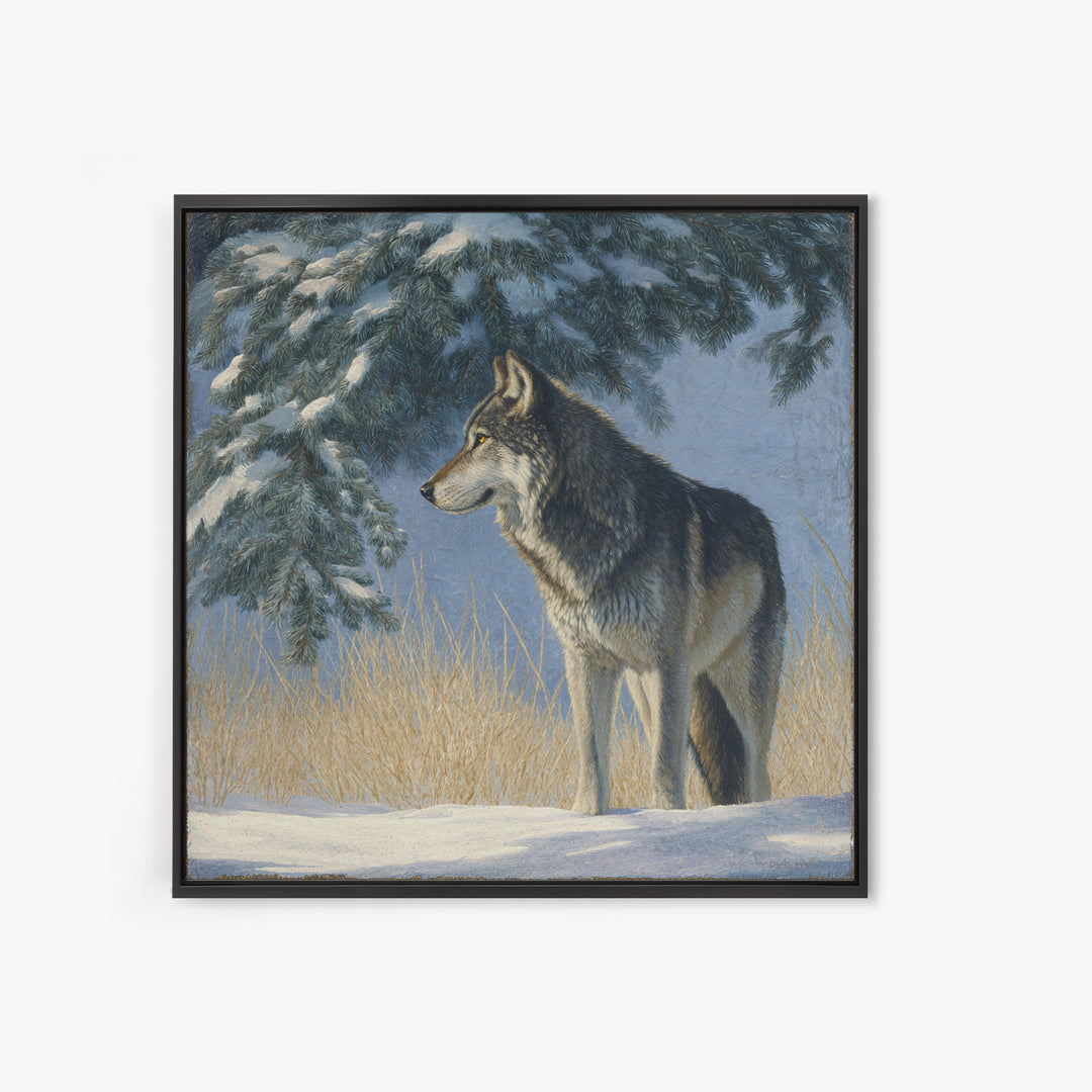 Wolf Standing Beneath Snowy Pine Trees Framed Canvas Print, Wildlife Art, Canvas Print, Living Room Decor, Fine Art, Wild, WIL-1x1-27