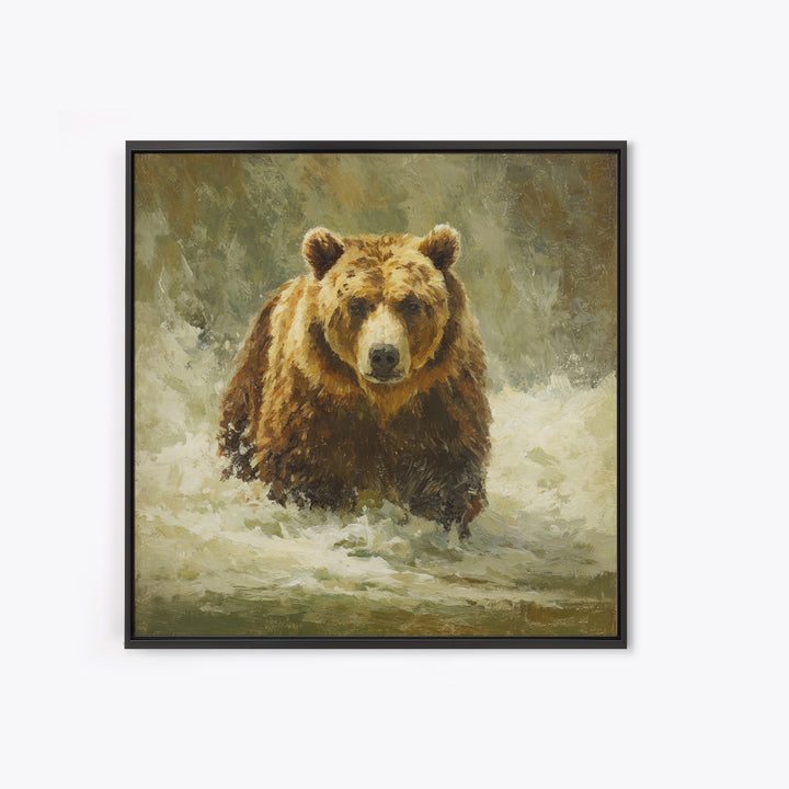 Bear Fishing in Rushing Mountain River Framed Canvas Print, Wildlife Art, Digital Wall Art, Living Room Decor, Fine Art, Wild, WIL-1x1-28