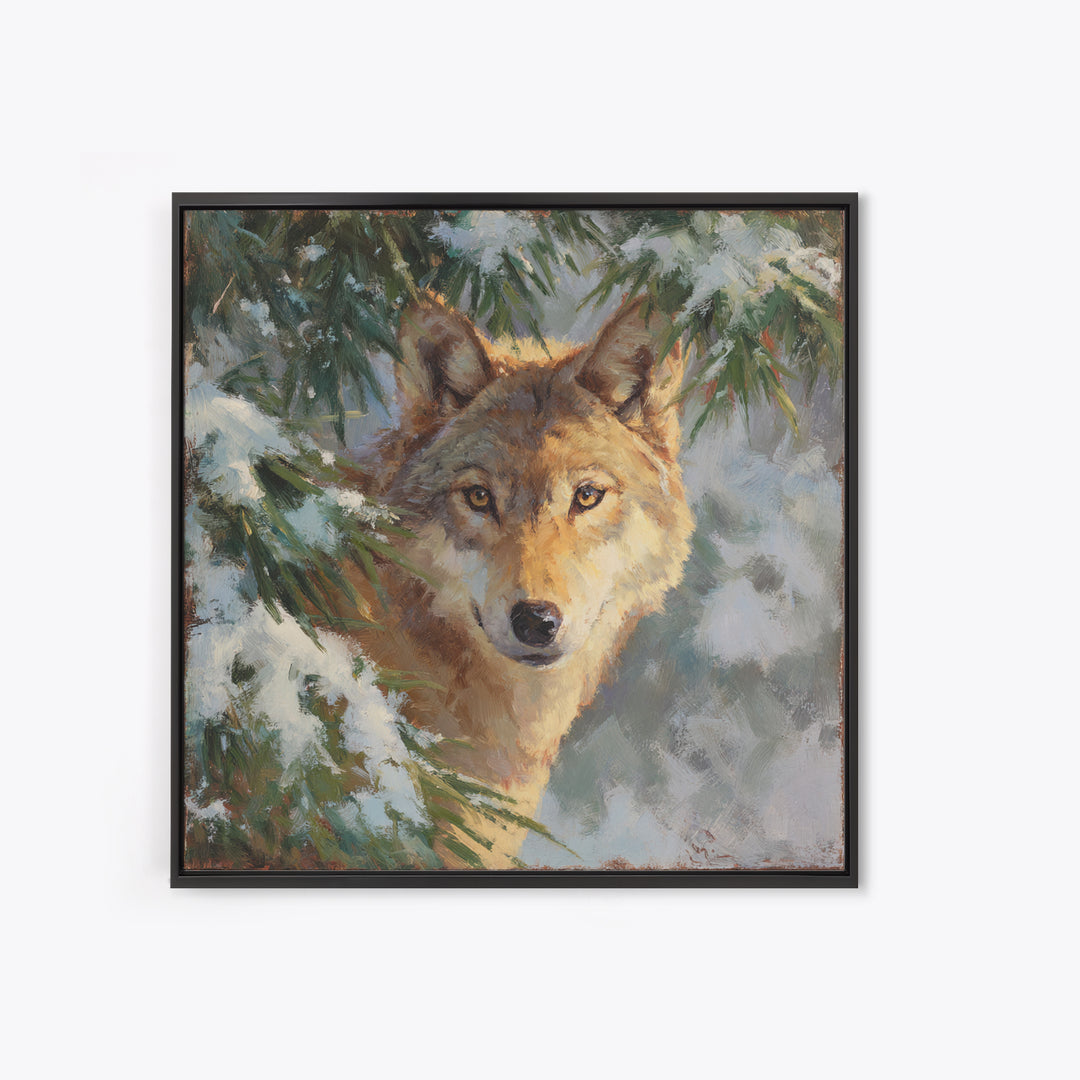 Wolf Standing Beneath Snowy Pine Trees Canvas Print, Wildlife Art, Canvas Wall Art, Living Room Decor, Abstract Art, Wild, WIL-1x1-3
