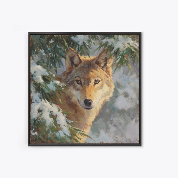 Wolf Standing Beneath Snowy Pine Trees Canvas Print, Wildlife Art, Canvas Wall Art, Living Room Decor, Abstract Art, Wild, WIL-1x1-3