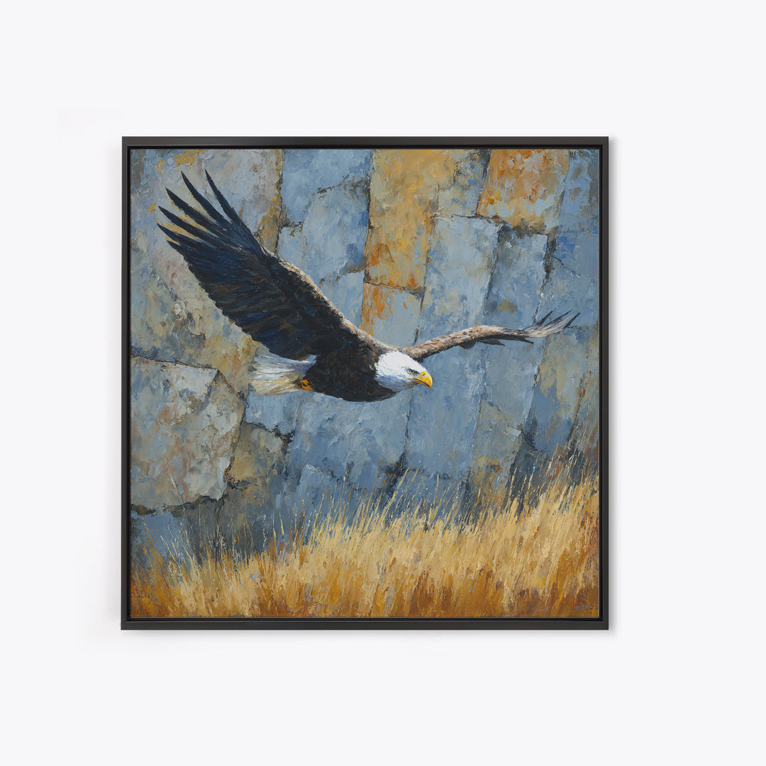 Eagle Soaring Above Rocky Cliffs Canvas Print, Wildlife Art, Bird Wall Art, Living Room Decor, Oil Painting, Wild, Luxury Decor, WIL-1x1-30