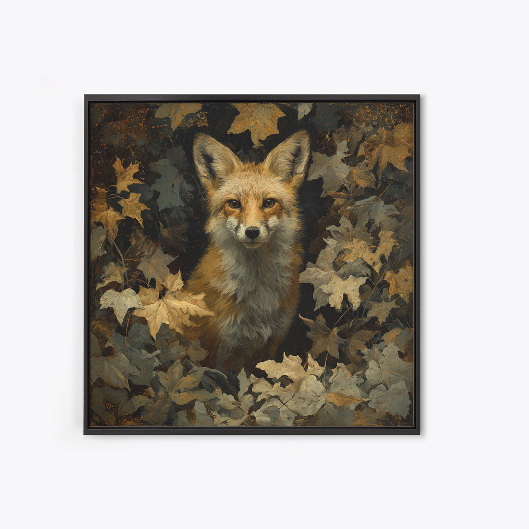 Fox in Autumn Forest Leaves Framed Canvas Print, Wildlife Art, Statement Artwork, Living Room Decor, Fine Art, Wild, Wall Decor, WIL-1x1-33