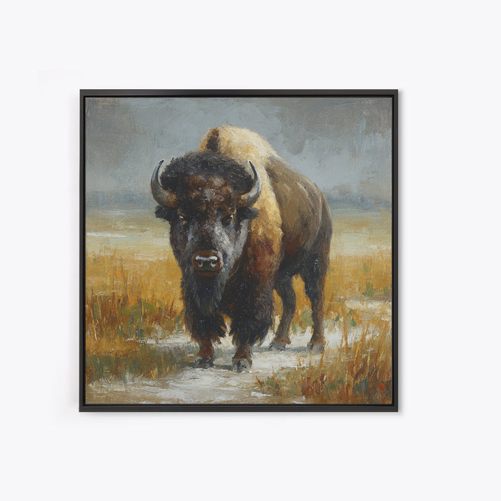 Bison on Wide Western Prairie Framed Canvas Print, Wildlife Art, Original Artwork, Living Room Decor, Oil Painting, Wild, WIL-1x1-37