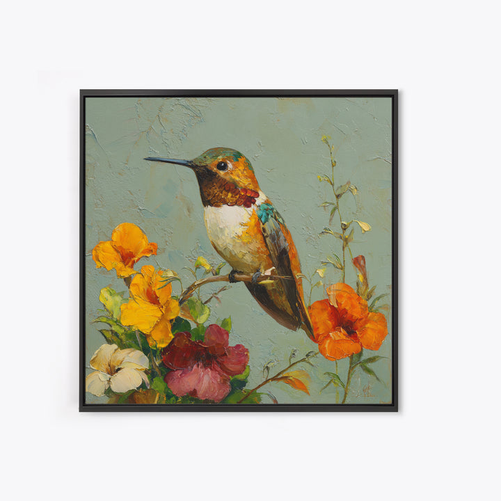 Hummingbird Beside Bright Flowers Framed Canvas Print, Wildlife Art, Art Print, Living Room Decor, Watercolor Art, Wild, WIL-1x1-40