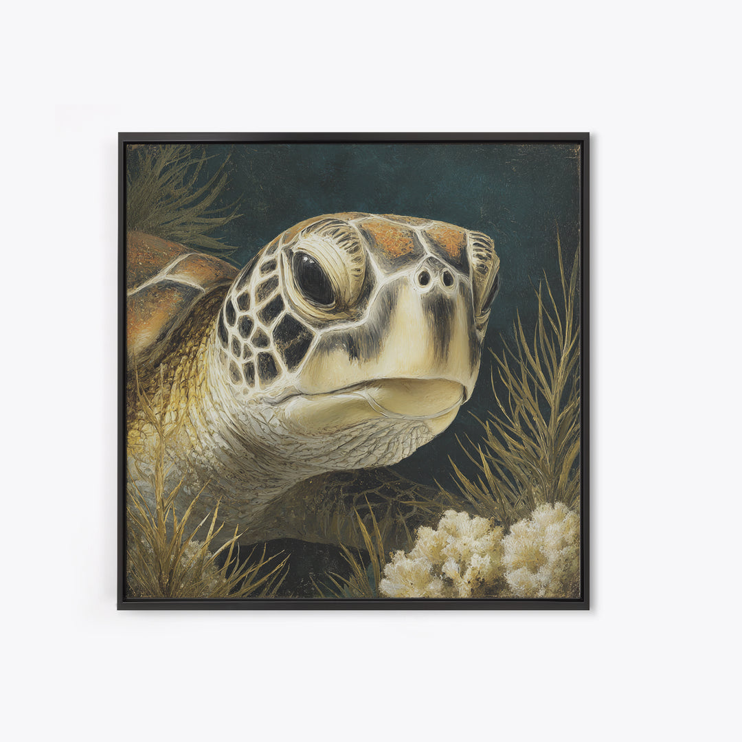 Sea Turtle over Coral Reef Framed Canvas Print, Wildlife Art, Digital Download Art, Living Room Decor, Abstract Art, Wild, WIL-1x1-42