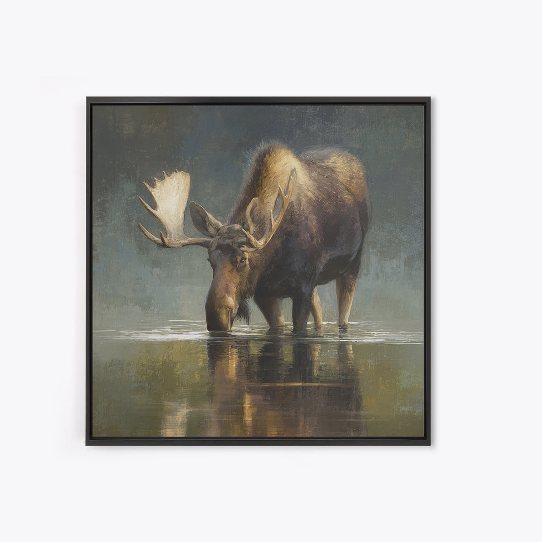 Moose Standing in Reflective Lake Framed Canvas Print, Wildlife Art, Modern Art, Living Room Decor, Wild, Neutral Decor, WIL-1x1-43