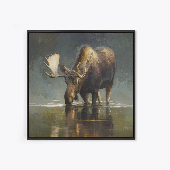 Moose Standing in Reflective Lake Framed Canvas Print, Wildlife Art, Modern Art, Living Room Decor, Wild, Neutral Decor, WIL-1x1-43