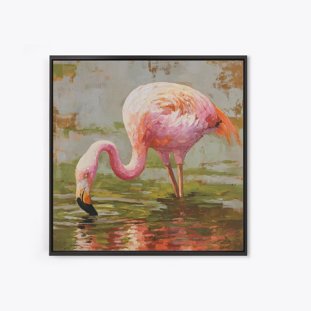 Flamingos in Pink Shallow Water Framed Canvas Print, Wildlife Art, Living Room Art, Living Room Decor, Fine Art, Wild, WIL-1x1-46