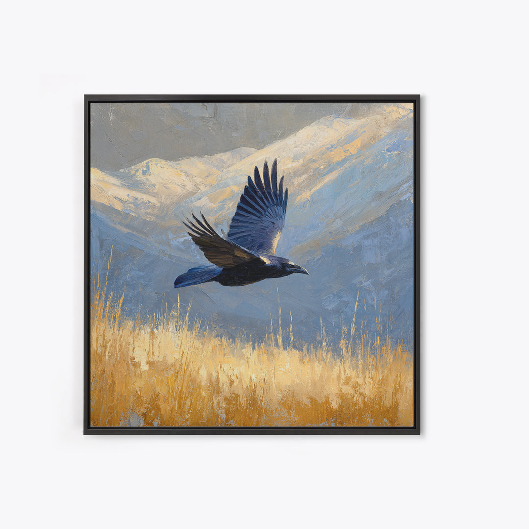 Raven Flying Through Snowy Mountains Framed Canvas Print, Wildlife Art, Art, Living Room Decor, Oil Painting, Wild, WIL-1x1-48