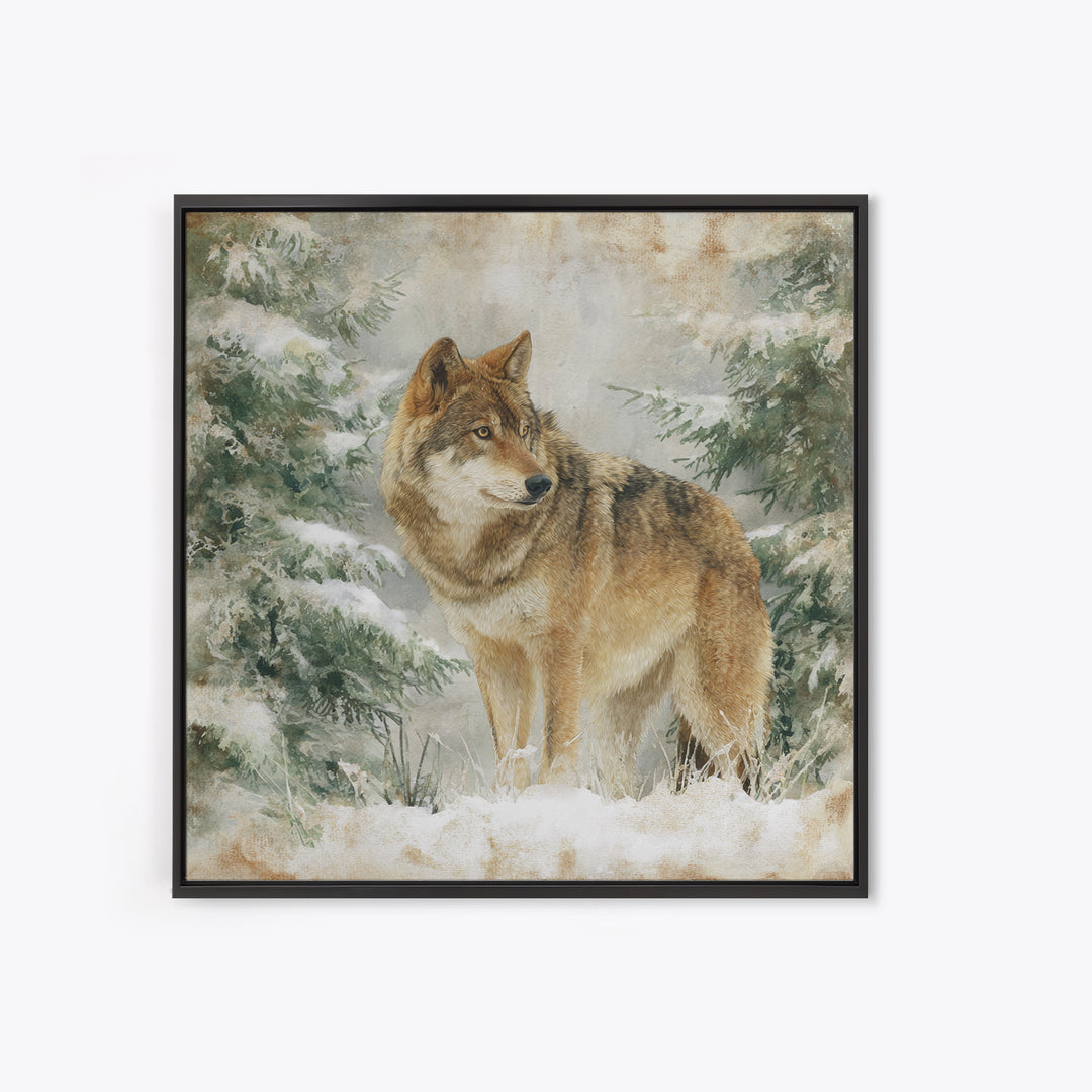 Wolf Standing Beneath Snowy Pine Trees Framed Canvas Print, Wildlife Art, Rustic Home Decor, Living Room Decor, Oil Painting, WIL-1x1-51