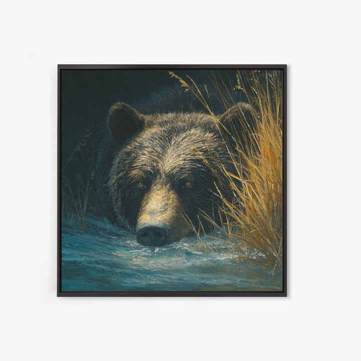 Bear Fishing in Rushing Mountain River Framed Canvas Print, Wildlife Art, Bedroom Wall Art, Living Room Decor, Fine Art, Wild, WIL-1x1-52